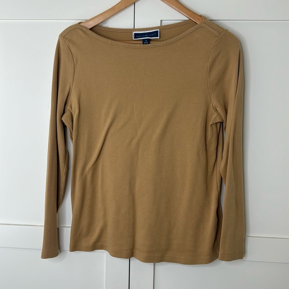 Karen Scott Boat Neck long Sleeve Caramel T-Shirt Size: Medium